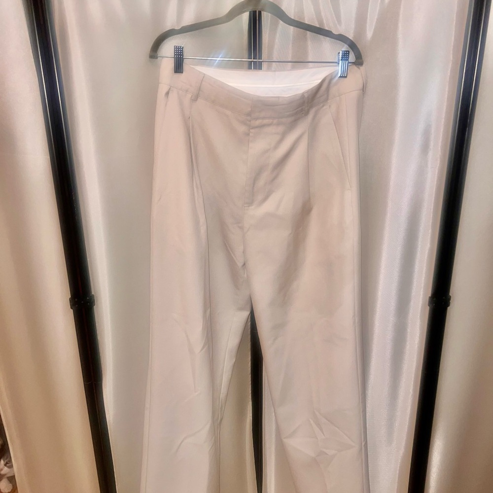 Cream Dress Pants with Wide-Leg Silhouette
